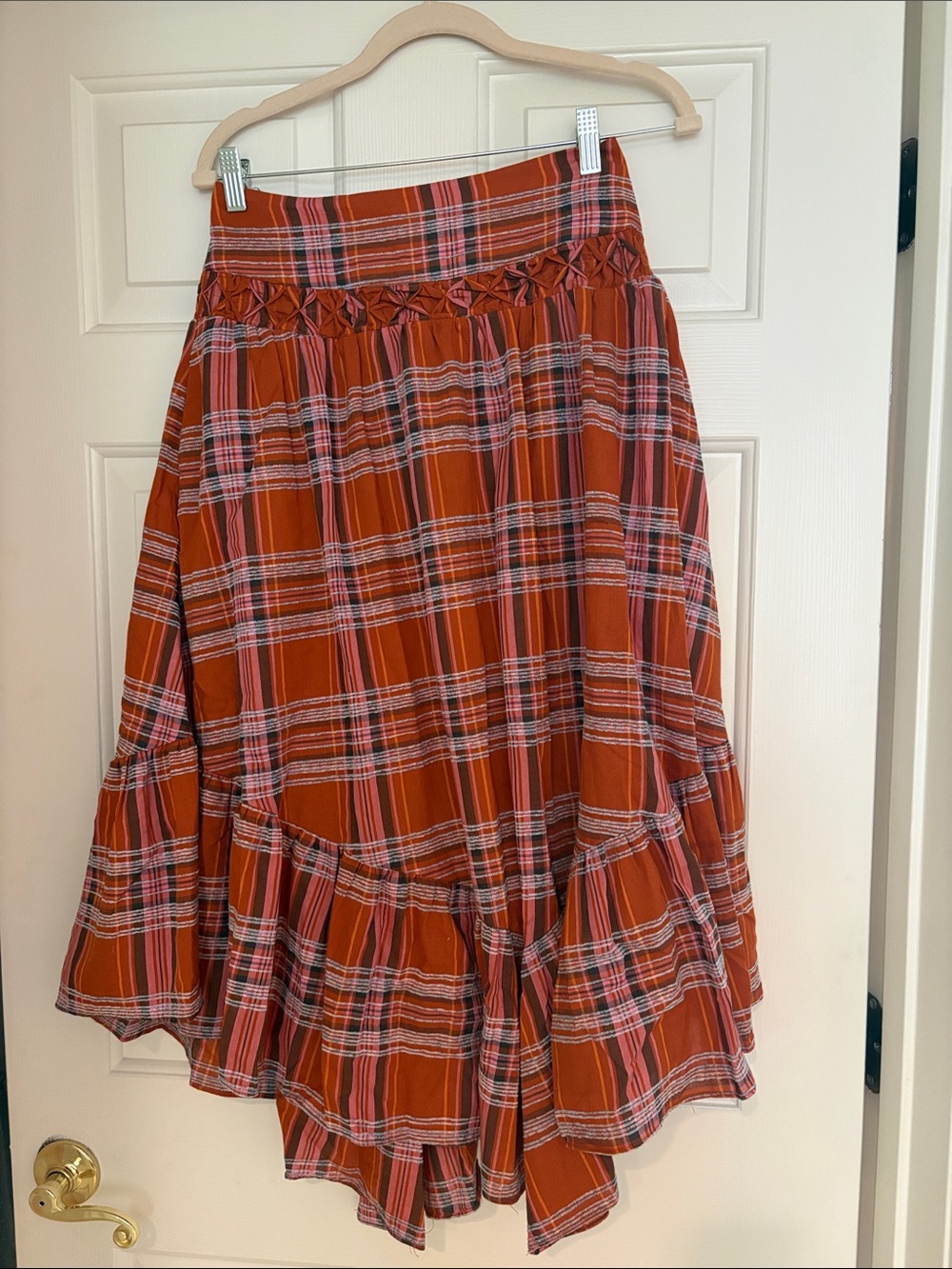 Anthropologie Women's Rust Plaid Tiered Midi Skirt